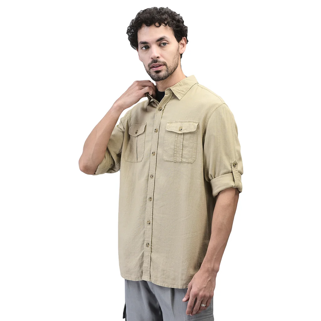 Men Beige Full Sleeve Shirt With Dual  Chest Pockets - Thumbnail 2
