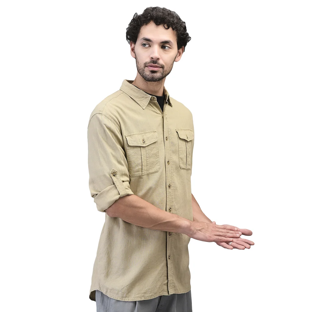 Men Beige Full Sleeve Shirt With Dual  Chest Pockets - Thumbnail 3
