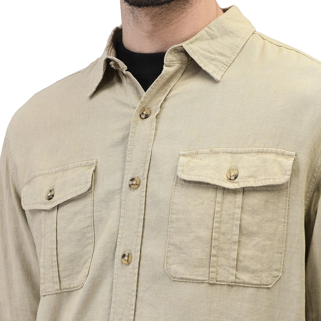 Men Beige Full Sleeve Shirt With Dual  Chest Pockets - Thumbnail 4