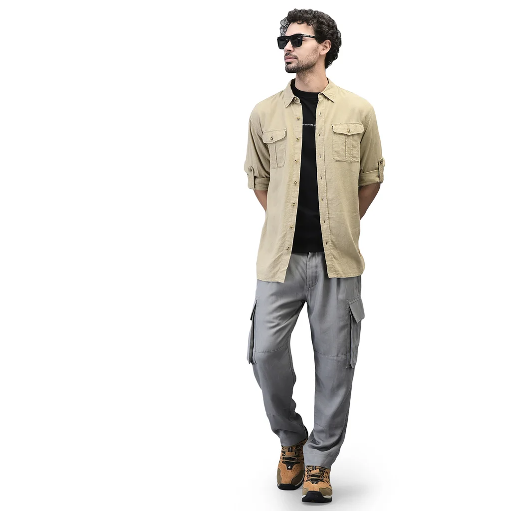 Men Beige Full Sleeve Shirt With Dual  Chest Pockets - Thumbnail 7