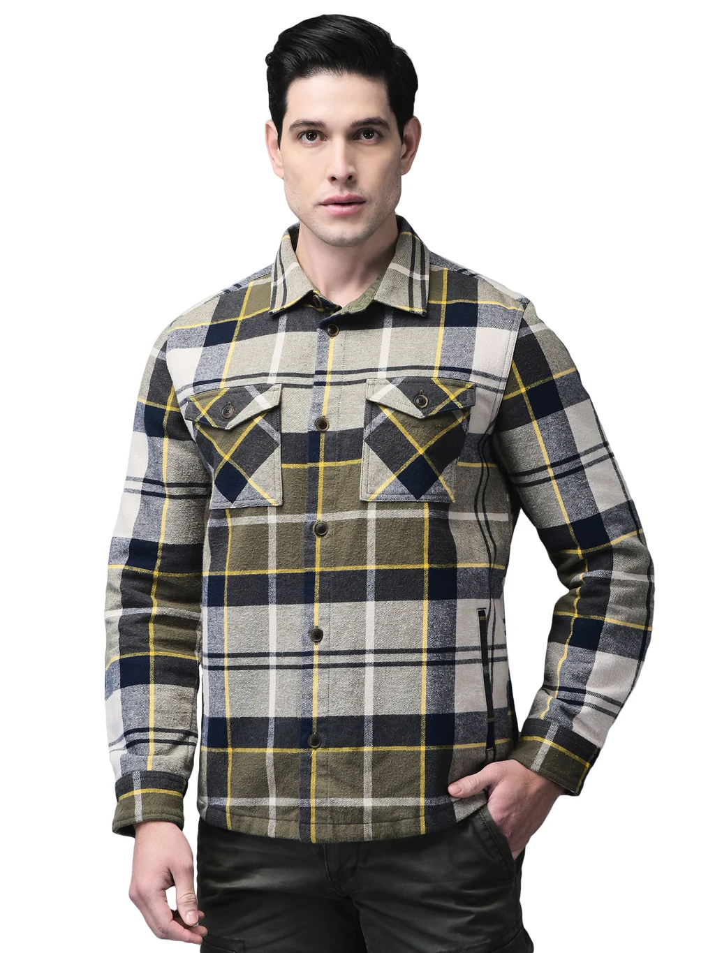 Beige Multicolored Winter Shacket For Men - Thumbnail 1