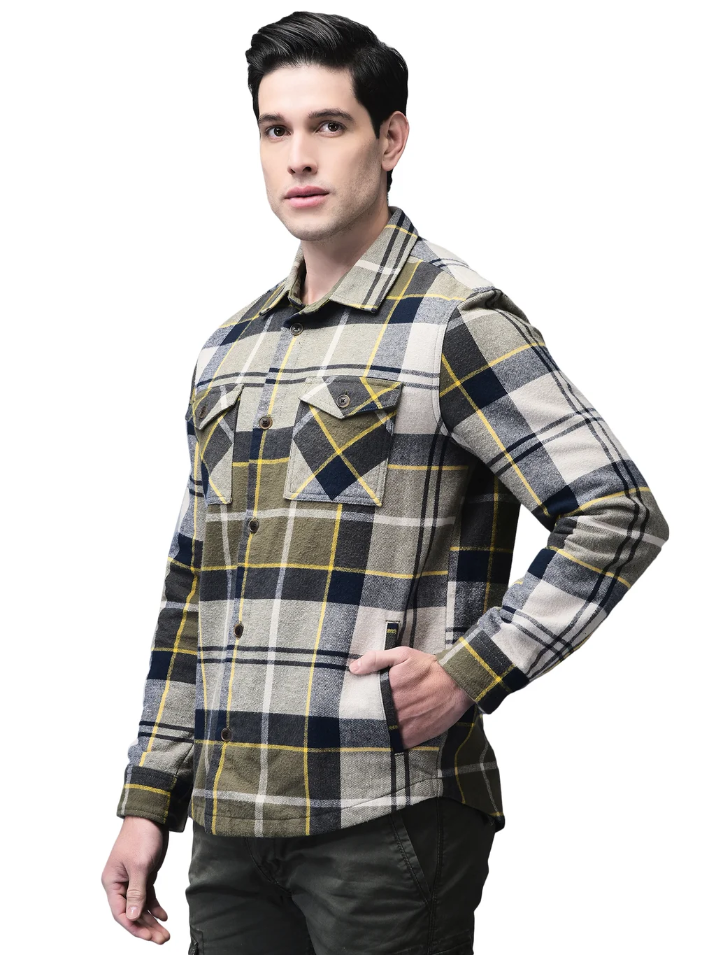 Beige Multicolored Winter Shacket For Men - Thumbnail 2