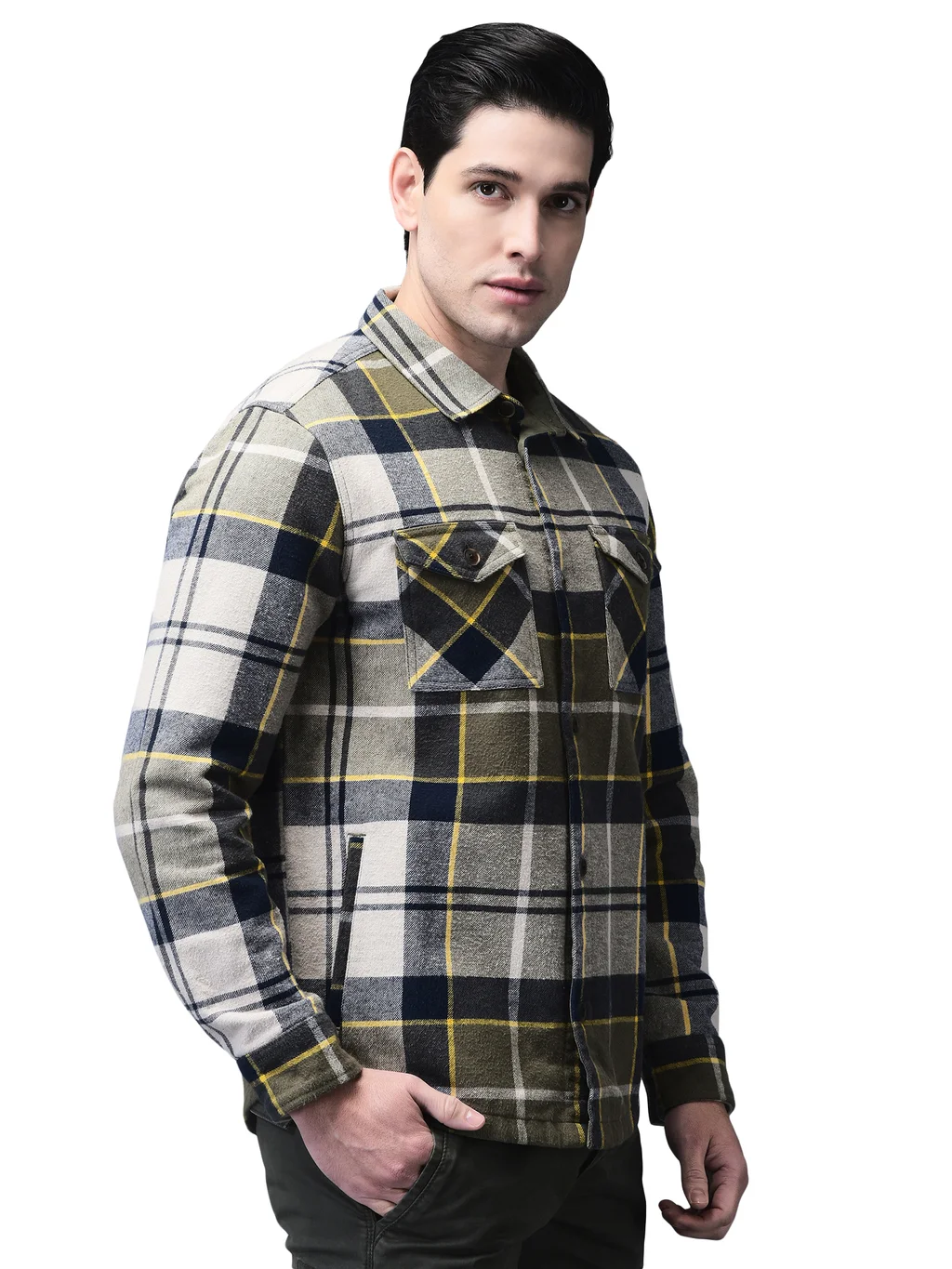 Beige Multicolored Winter Shacket For Men - Thumbnail 3
