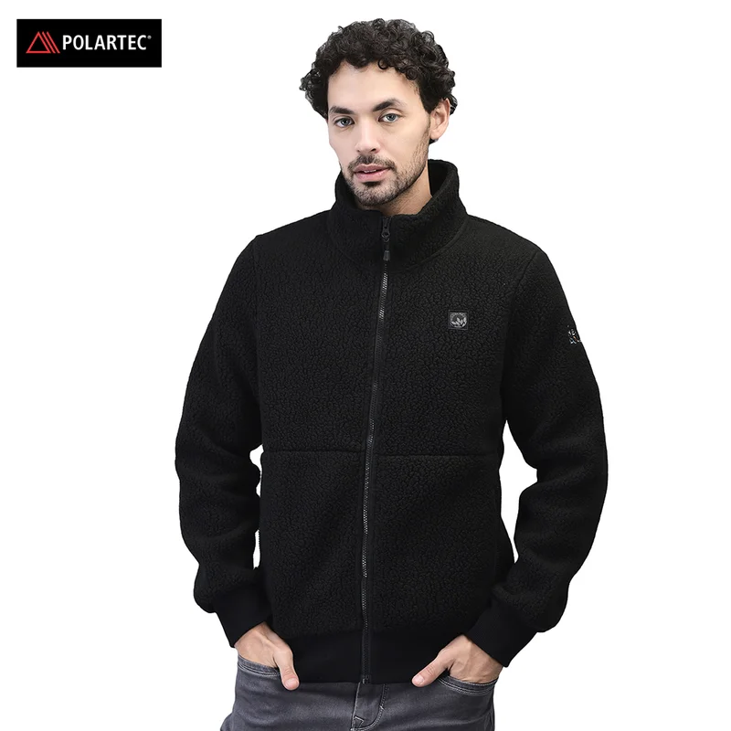 Men High-Neck Onyx black fleece Sweatshirt with full Zip - Thumbnail 1
