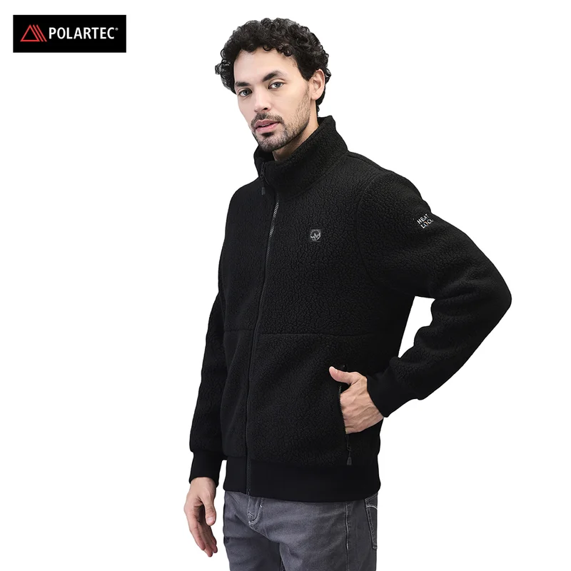 Men High-Neck Onyx black fleece Sweatshirt with full Zip - Thumbnail 2