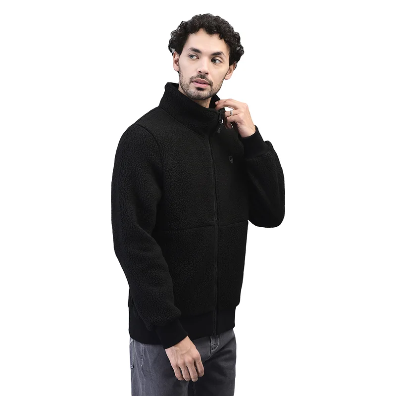 Men High-Neck Onyx black fleece Sweatshirt with full Zip - Thumbnail 3