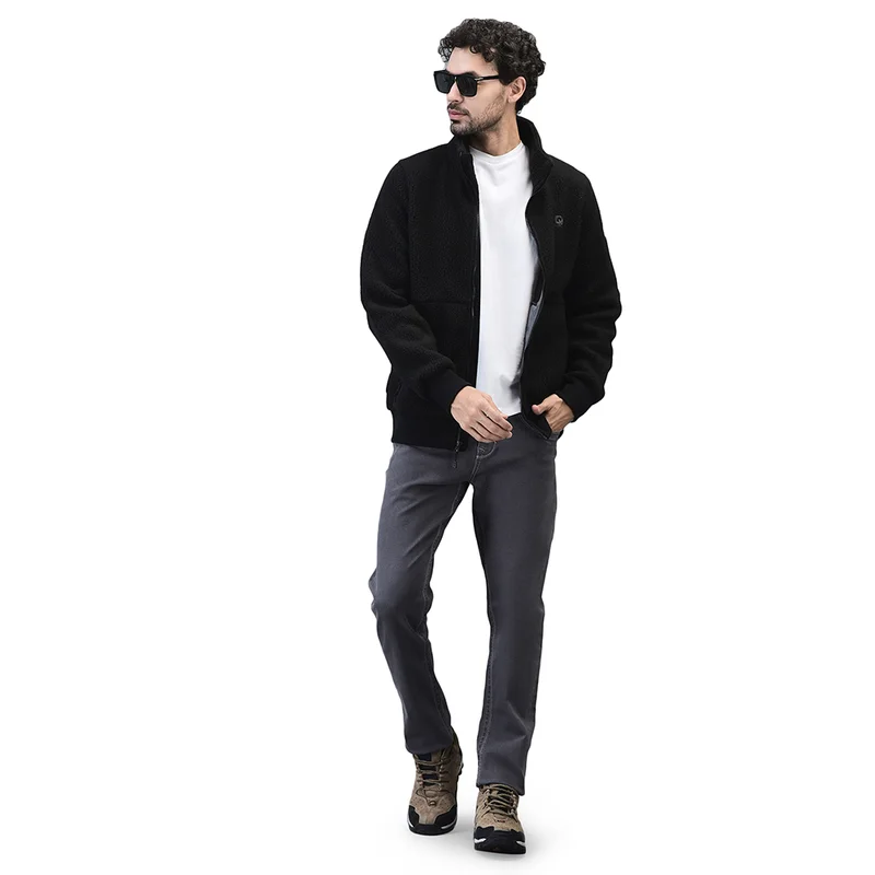 Men High-Neck Onyx black fleece Sweatshirt with full Zip - Thumbnail 8