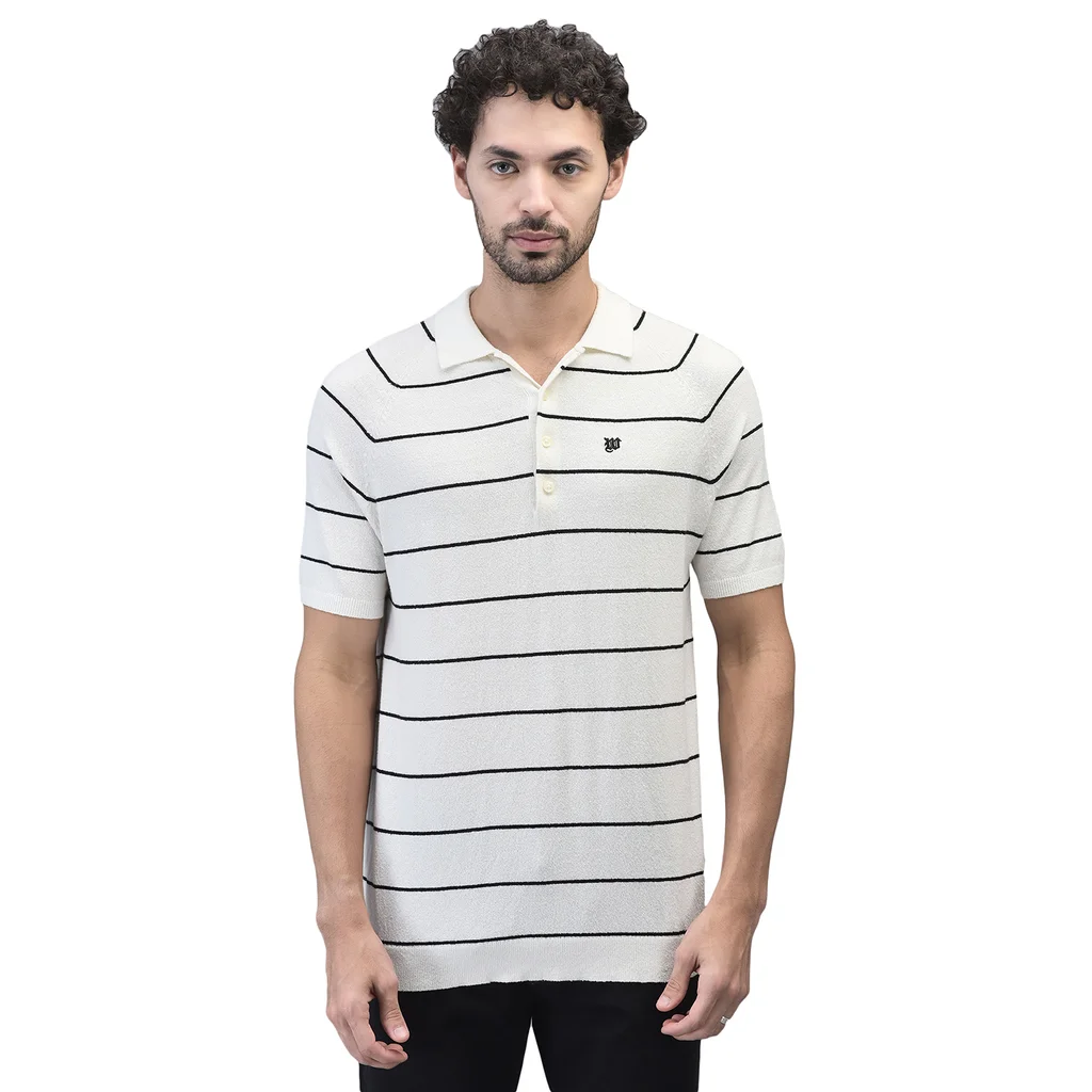 White/Black Striped Collared Polo Tshirt - Image 1