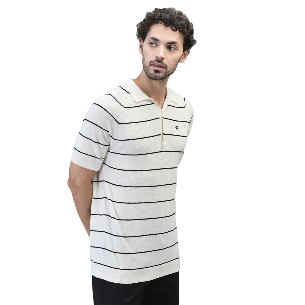White/Black Striped Collared Polo Tshirt - Thumbnail 3