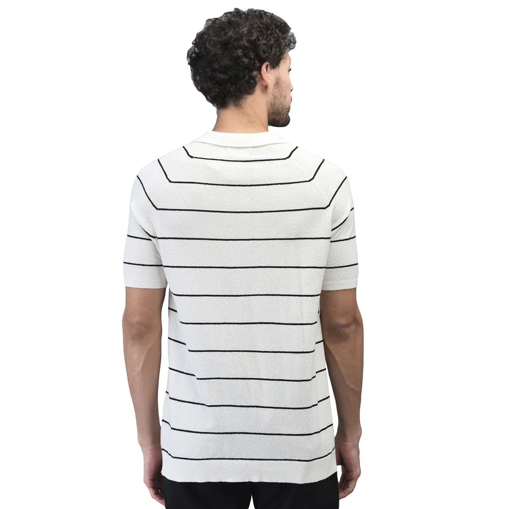 White/Black Striped Collared Polo Tshirt - Thumbnail 6