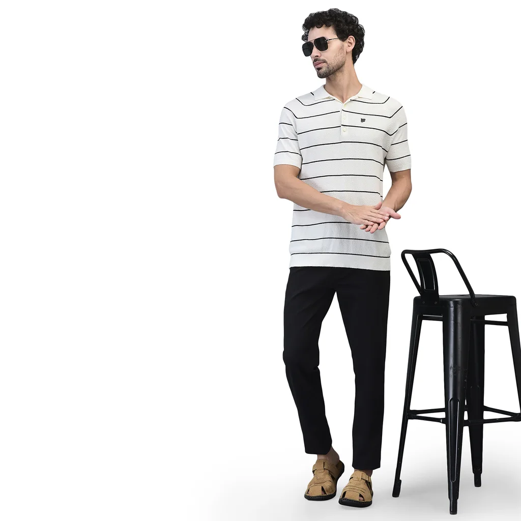 White/Black Striped Collared Polo Tshirt - Thumbnail 7