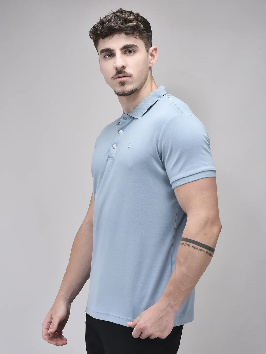 Dusty Blue Cotton Men Polo Tshirt - Thumbnail 2