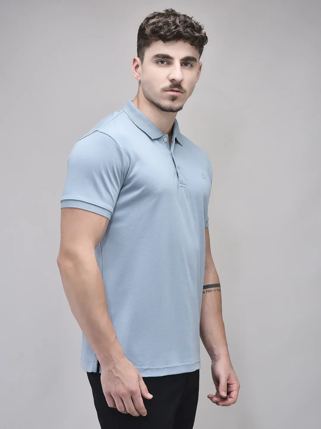 Dusty Blue Cotton Men Polo Tshirt - Thumbnail 3