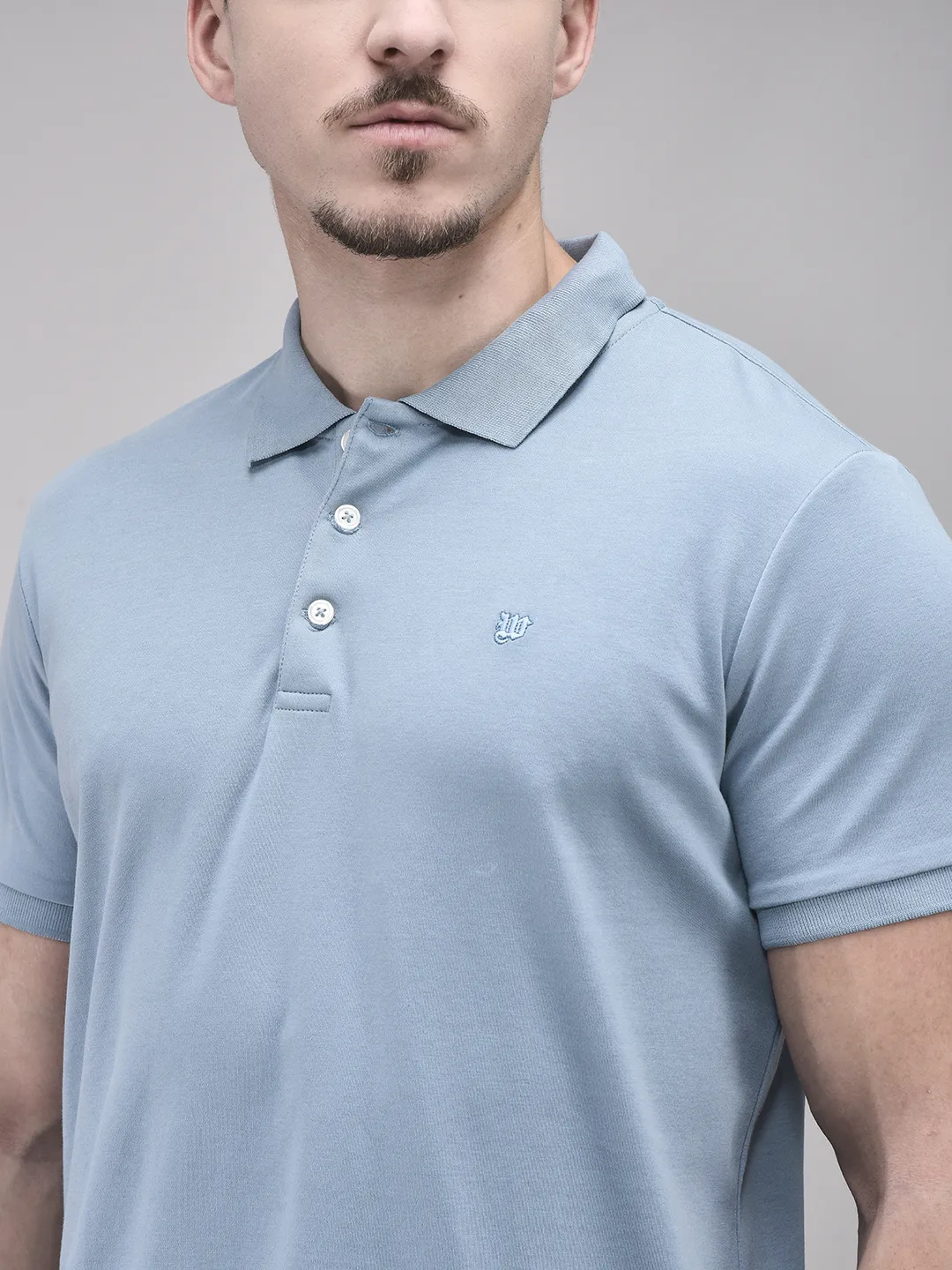 Dusty Blue Cotton Men Polo Tshirt - Thumbnail 4