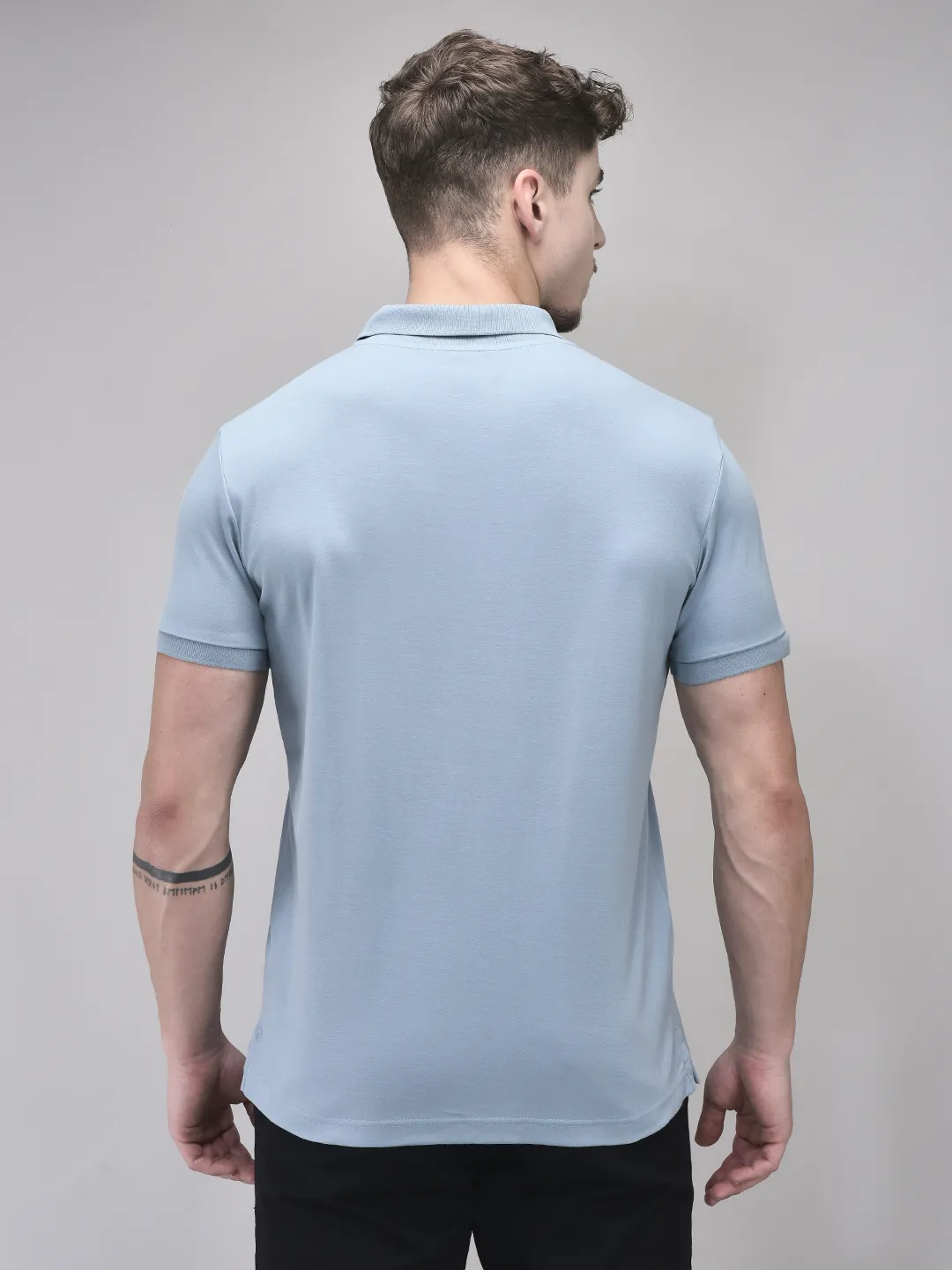 Dusty Blue Cotton Men Polo Tshirt - Thumbnail 5