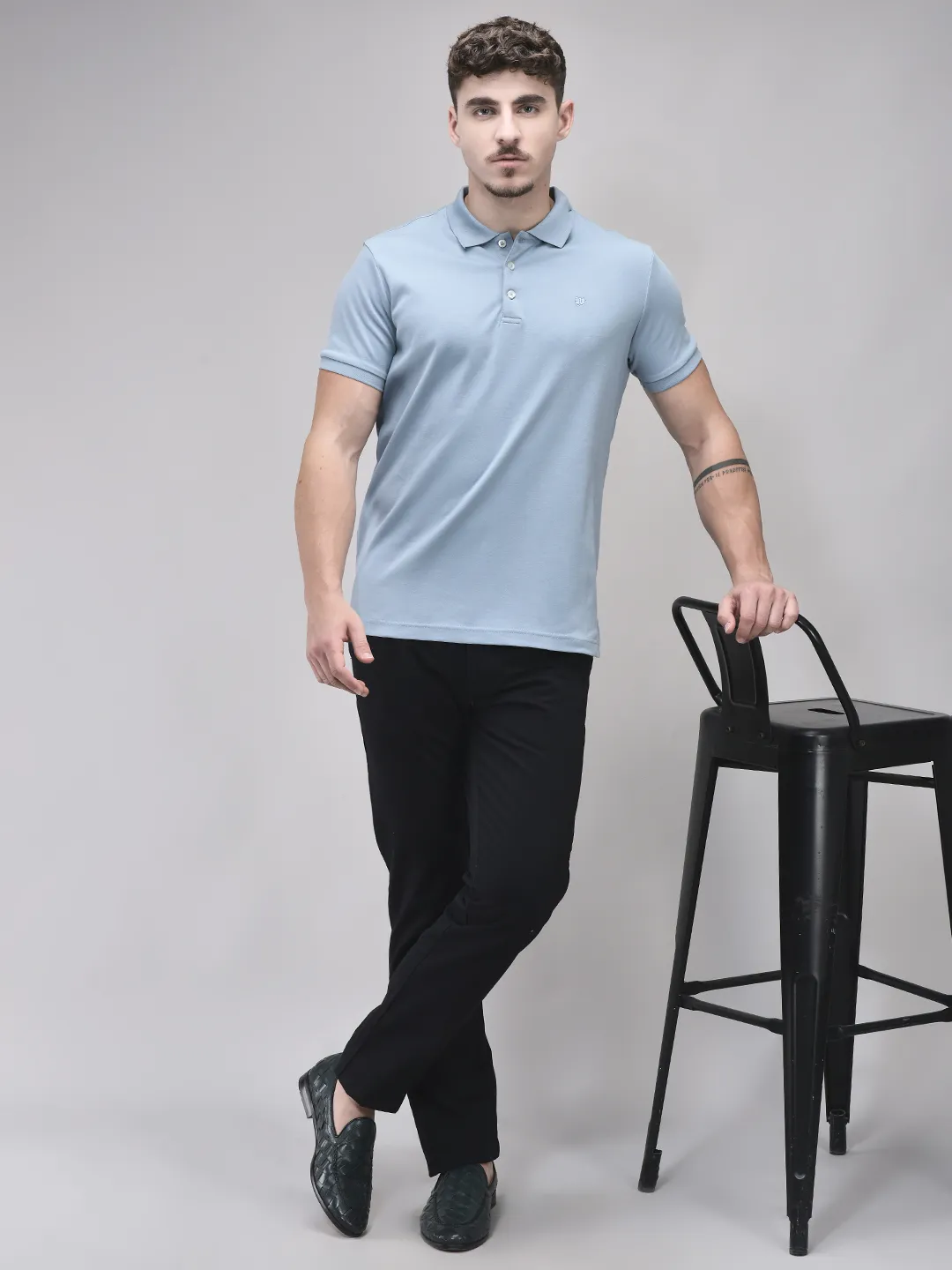 Dusty Blue Cotton Men Polo Tshirt - Thumbnail 6