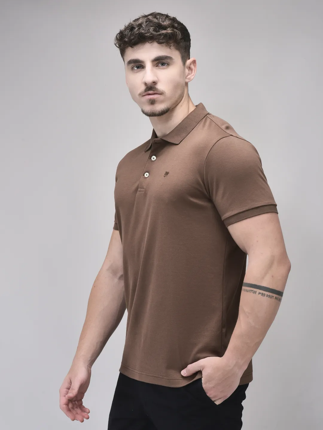 Mud Brown Cotton Men Polo Tshirt - Thumbnail 2