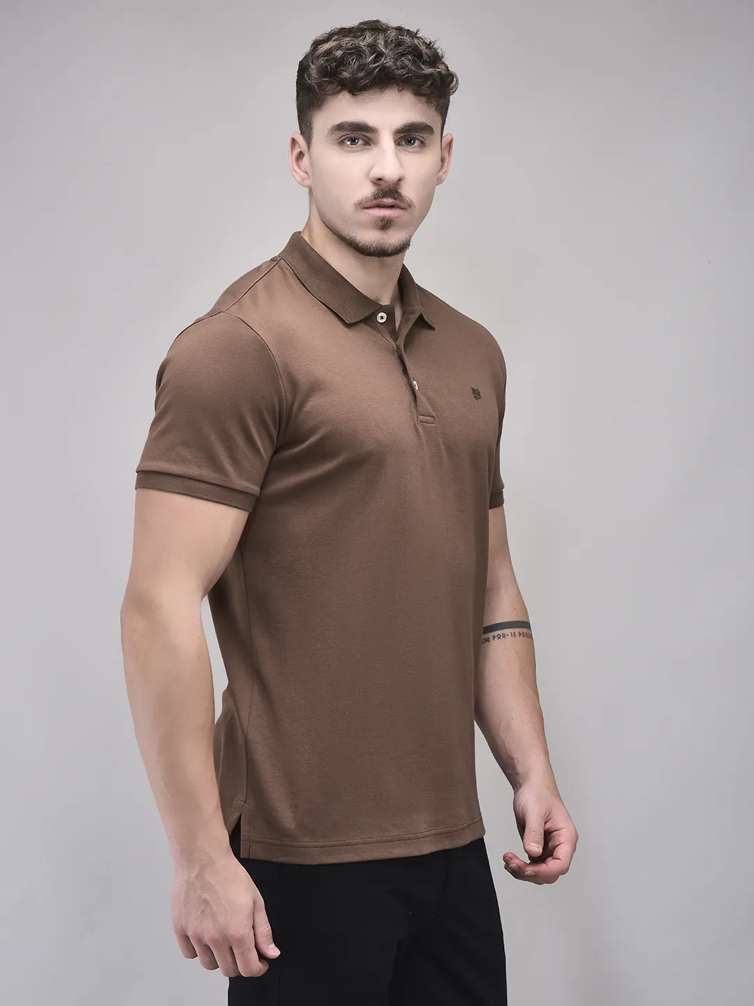 Mud Brown Cotton Men Polo Tshirt - Thumbnail 3