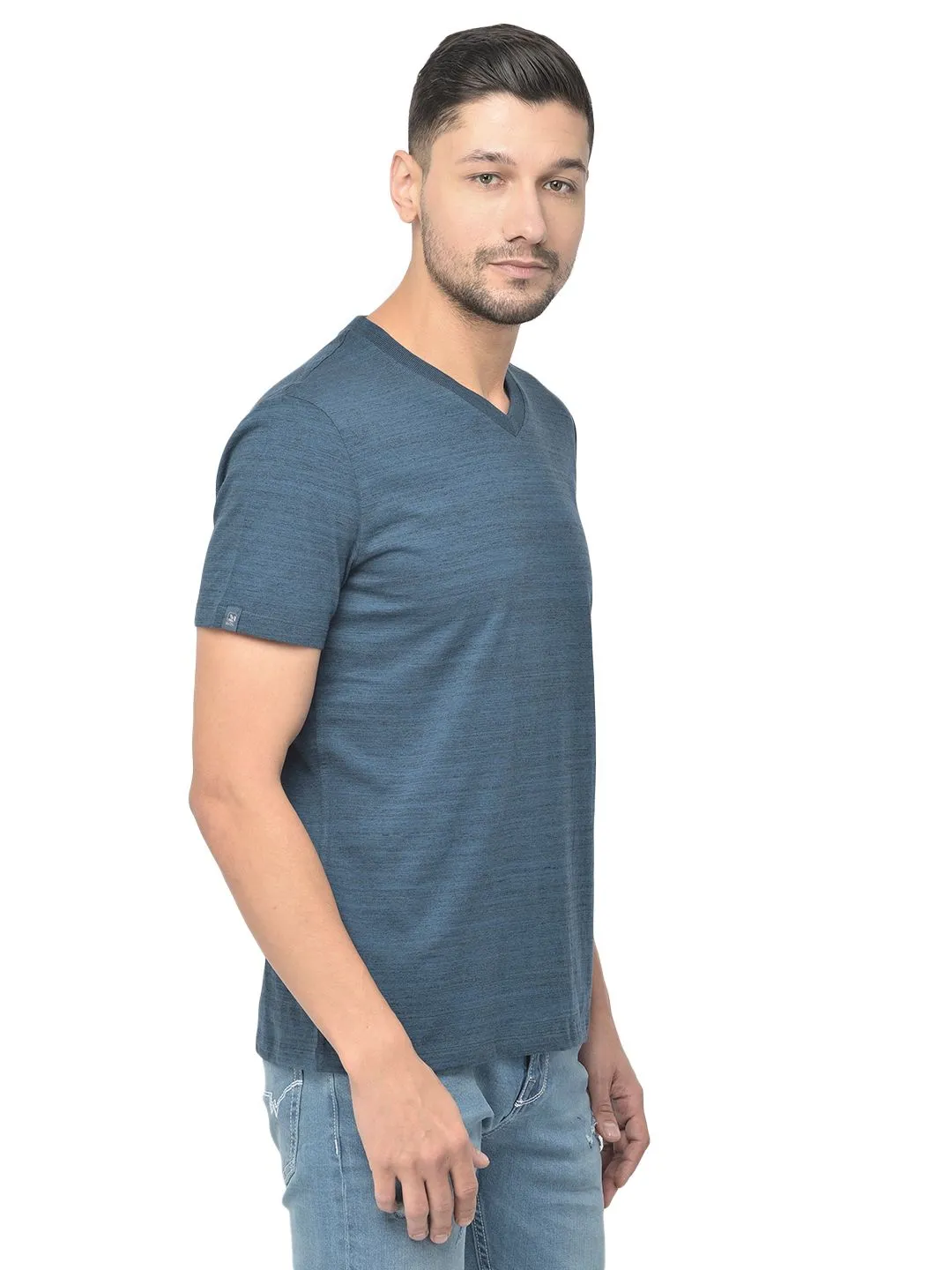 Teal Blue V-neck t-shirt for men - Thumbnail 3