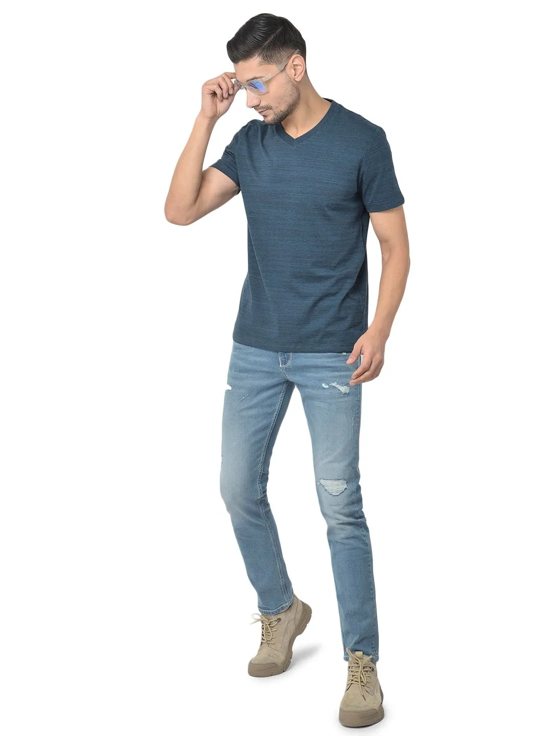 Teal Blue V-neck t-shirt for men - Thumbnail 6