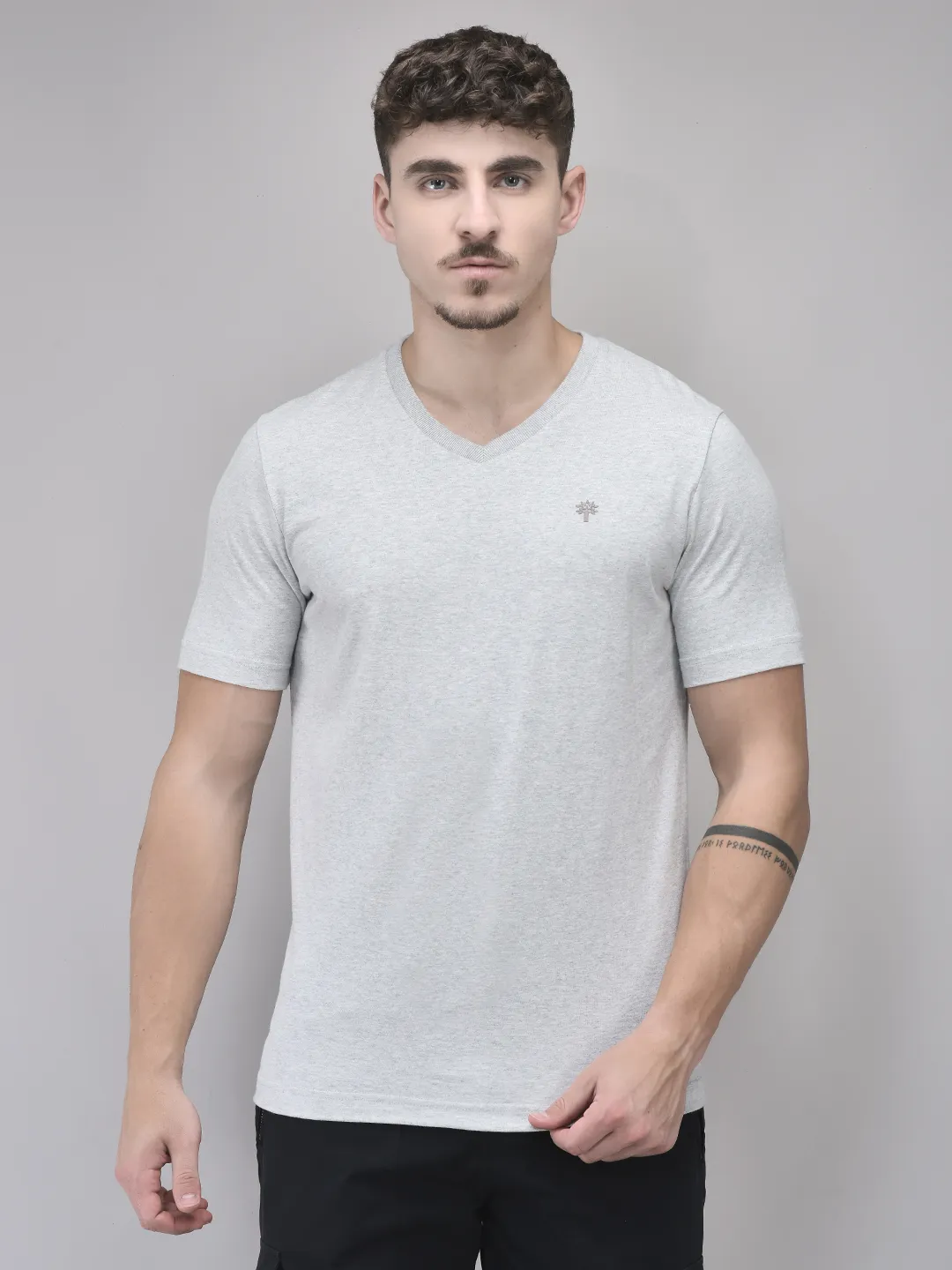 Woodland Grey Cotton V Neck Tshirt - Thumbnail 1