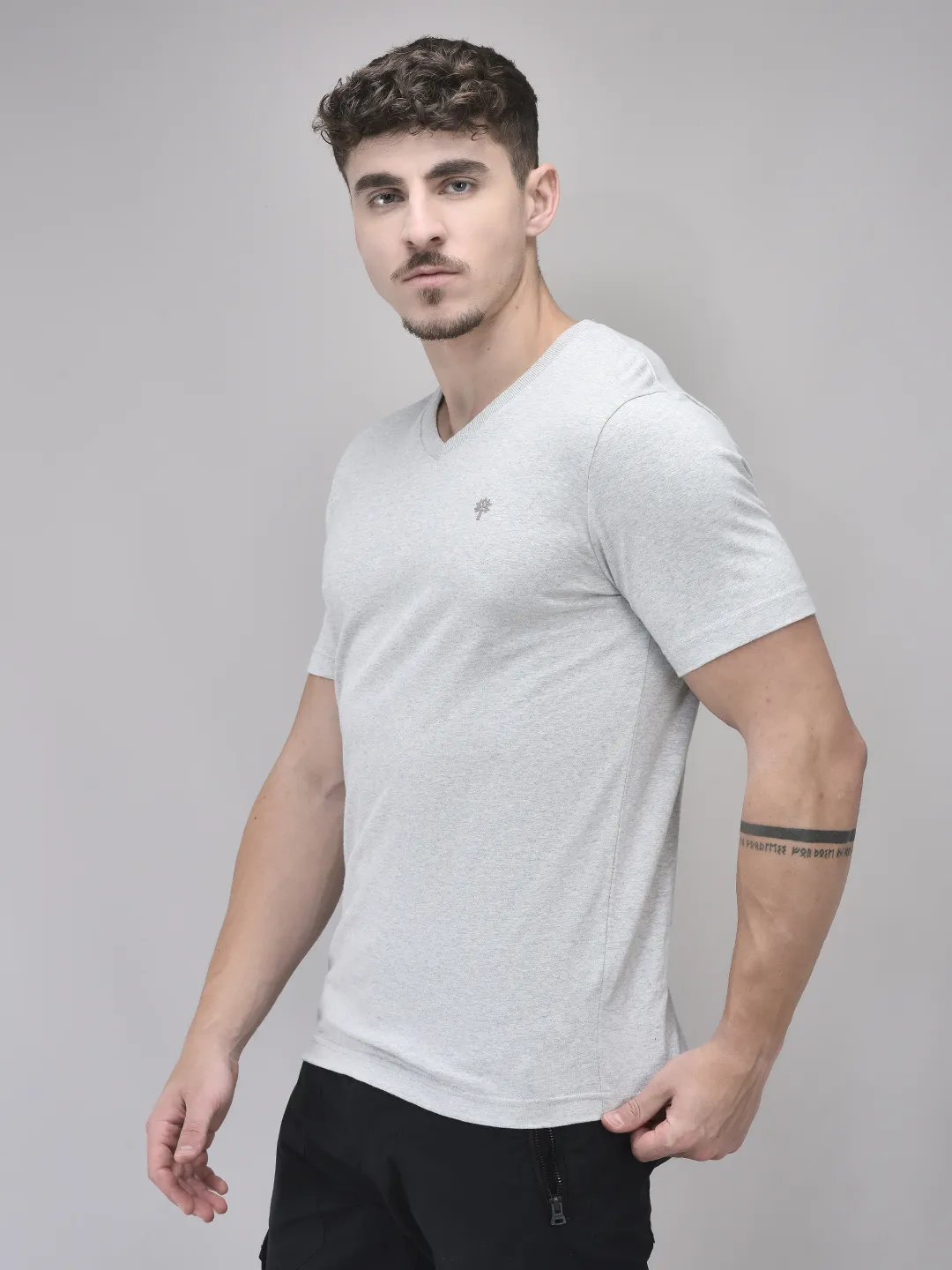 Woodland Grey Cotton V Neck Tshirt - Thumbnail 2