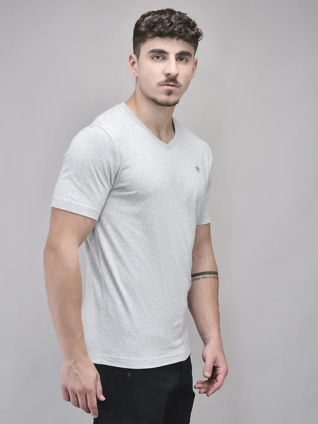 Woodland Grey Cotton V Neck Tshirt - Thumbnail 3
