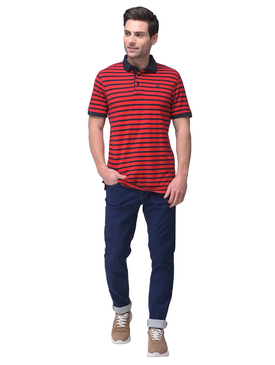 Red/Navy polo neck t-shirt - Image 1