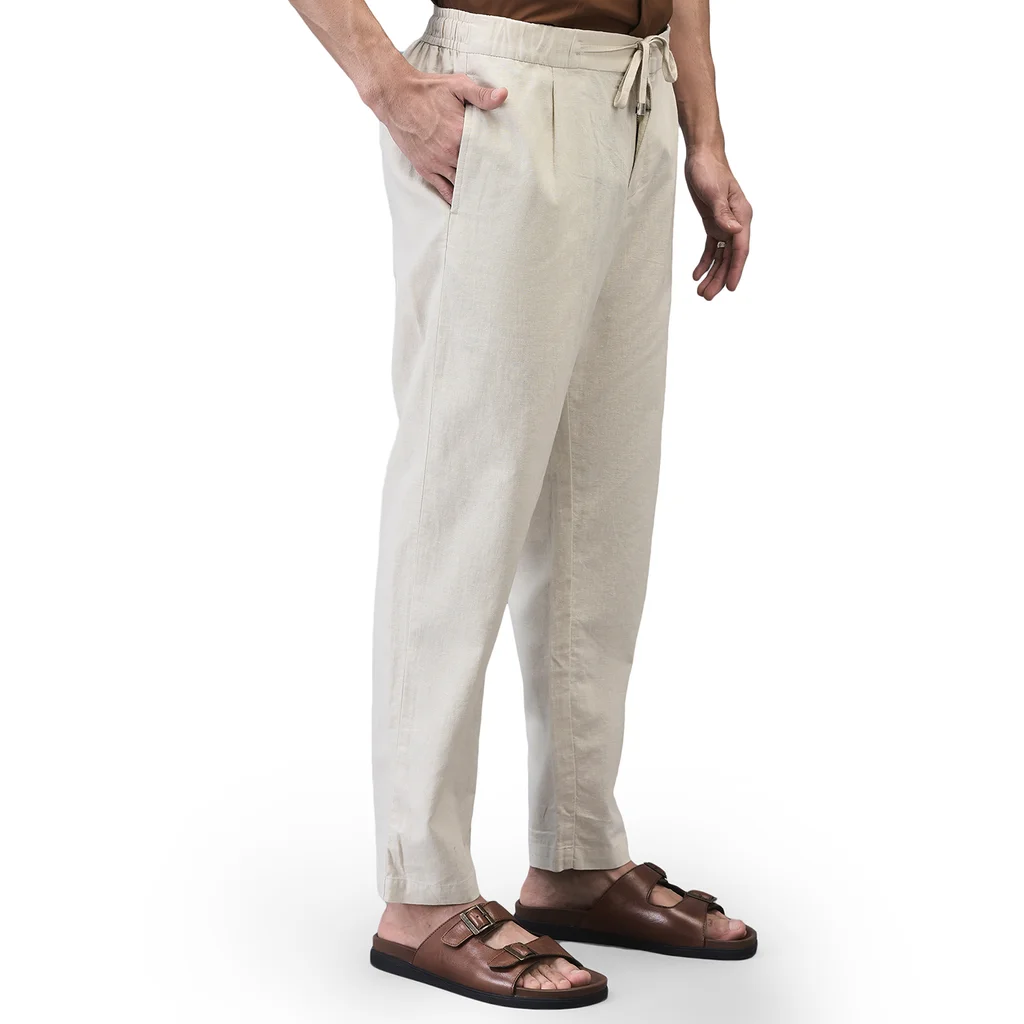 Men Owhite Linen Waist Jogger Pant  - Thumbnail 3