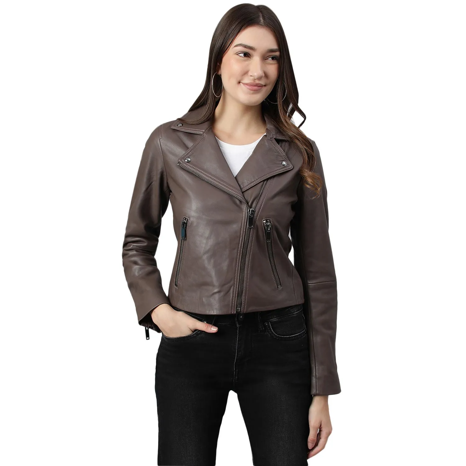Lbrown Leather Jacket for Women - Thumbnail 1