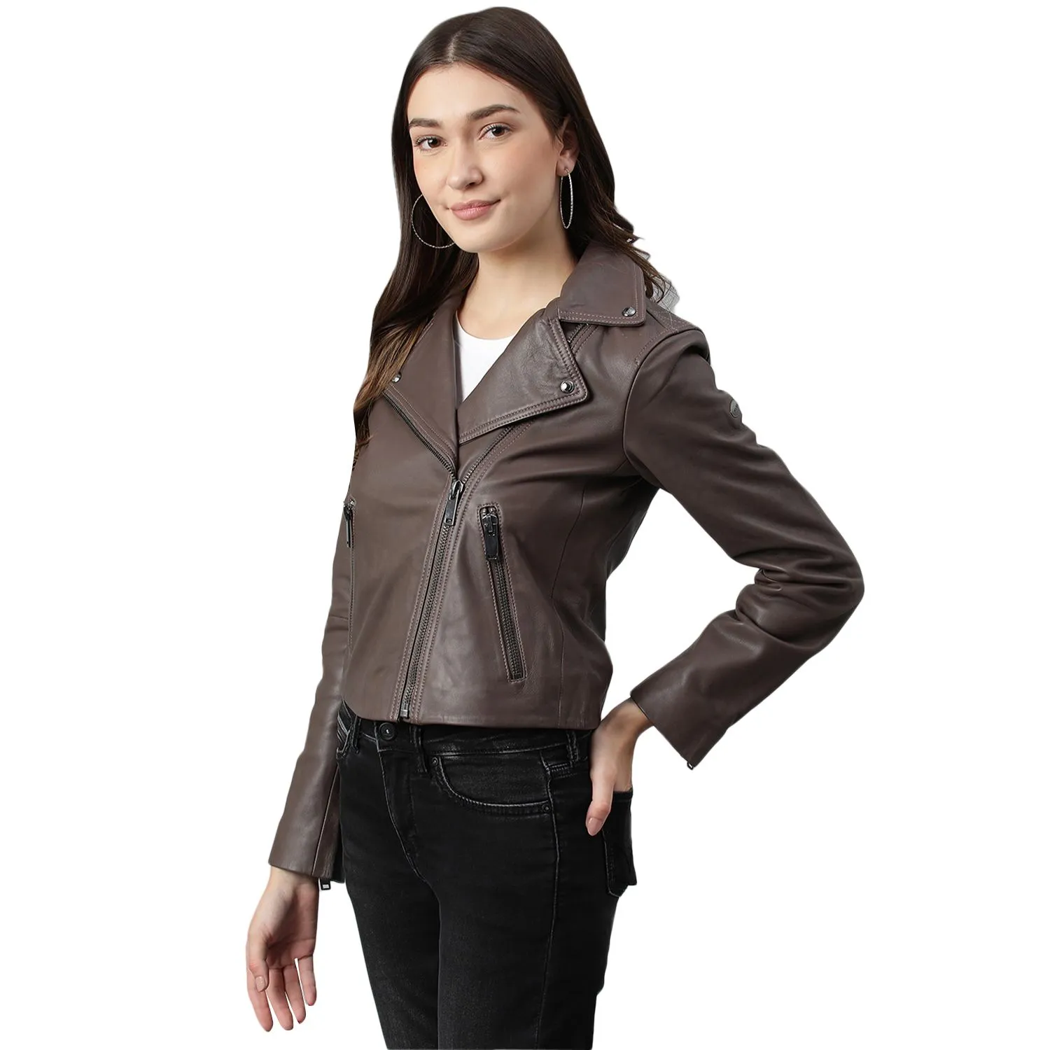 Lbrown Leather Jacket for Women - Thumbnail 2