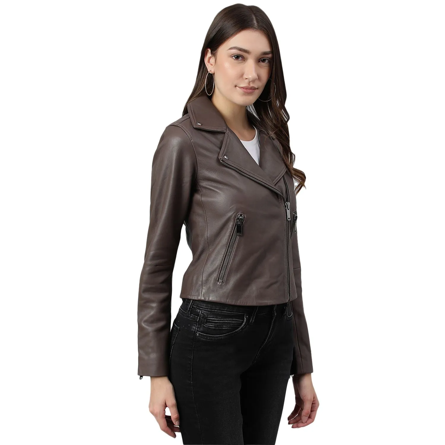 Lbrown Leather Jacket for Women - Thumbnail 3