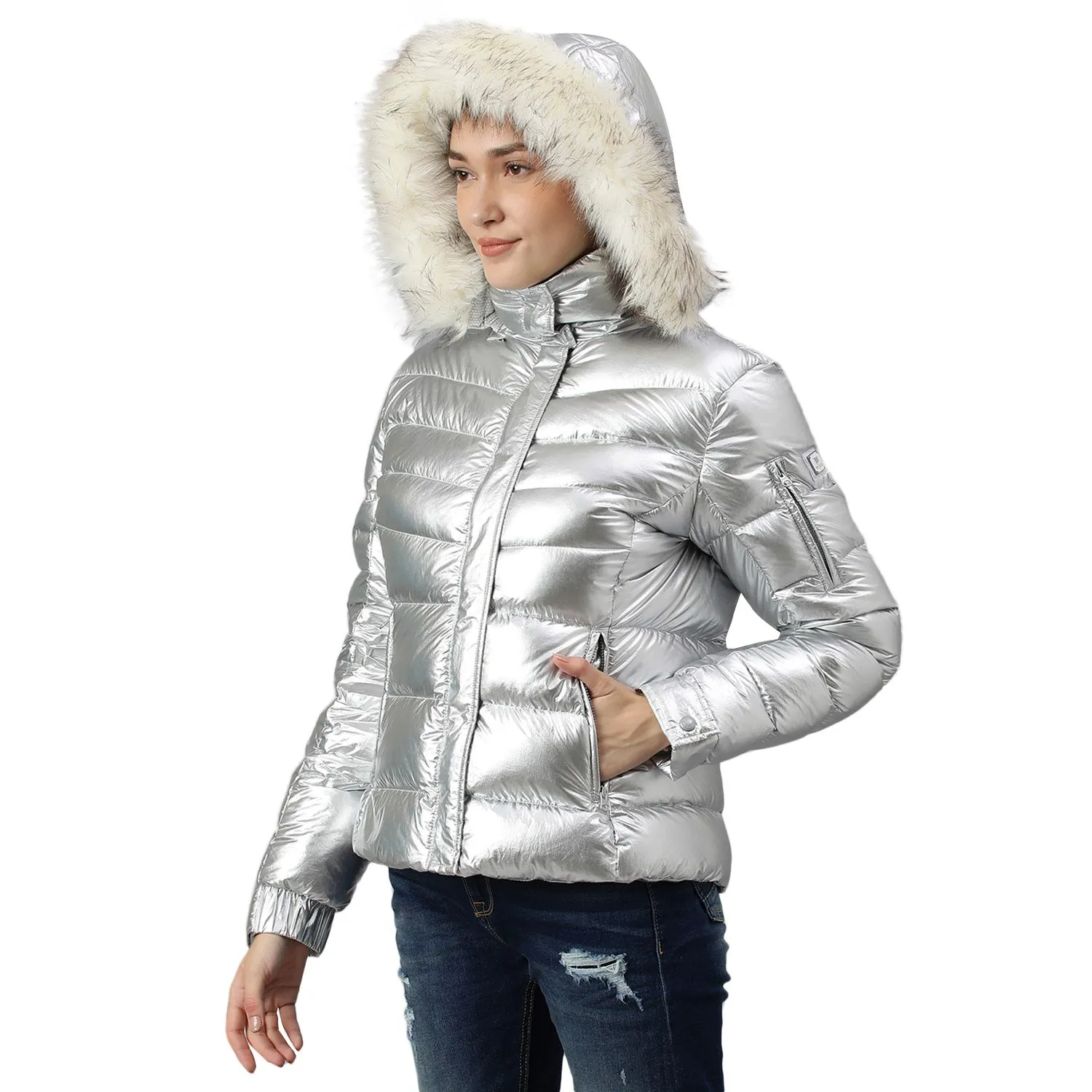 Silver foil coated puffer down jacket with detachable fur hood for women - Thumbnail 2