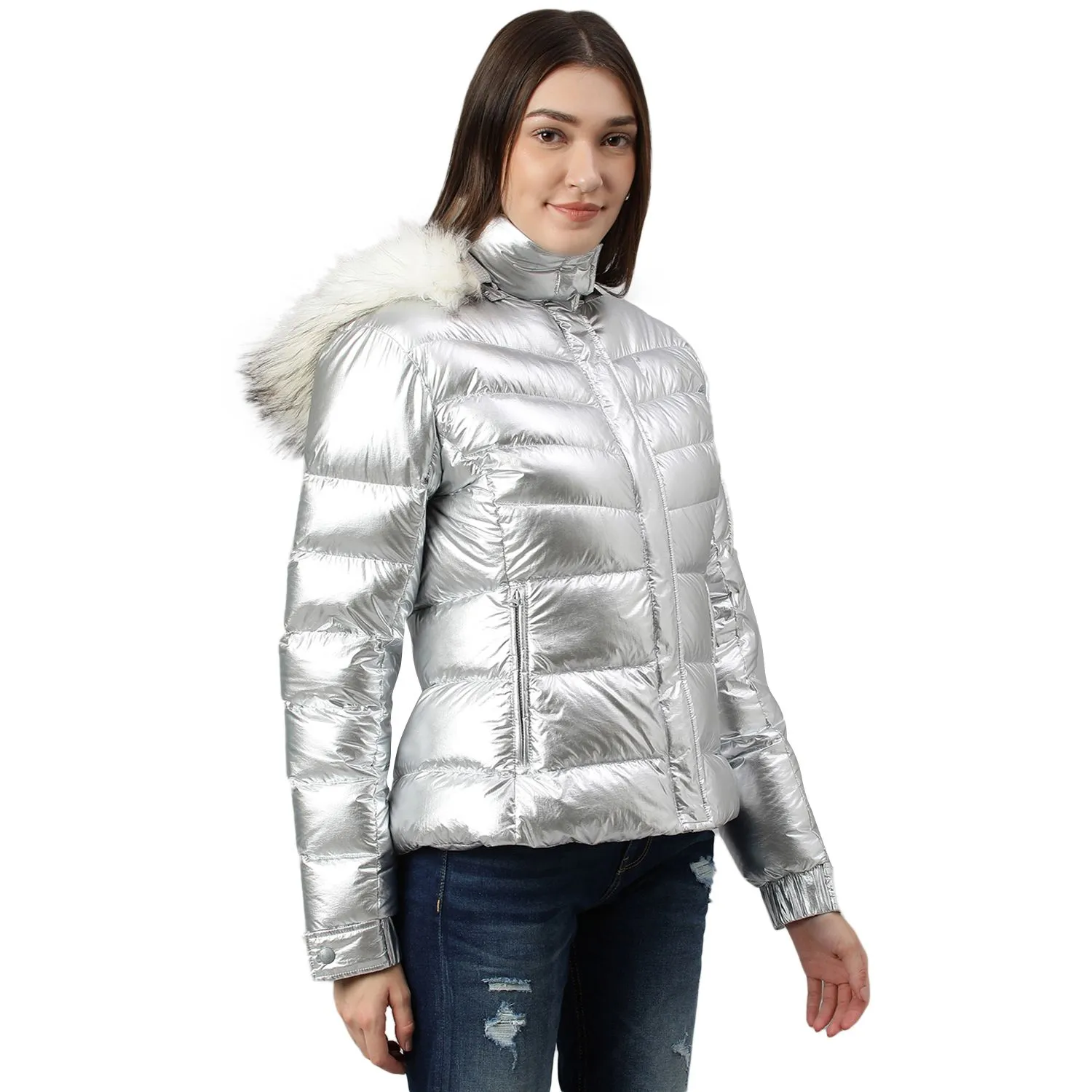 Silver foil coated puffer down jacket with detachable fur hood for women - Thumbnail 3