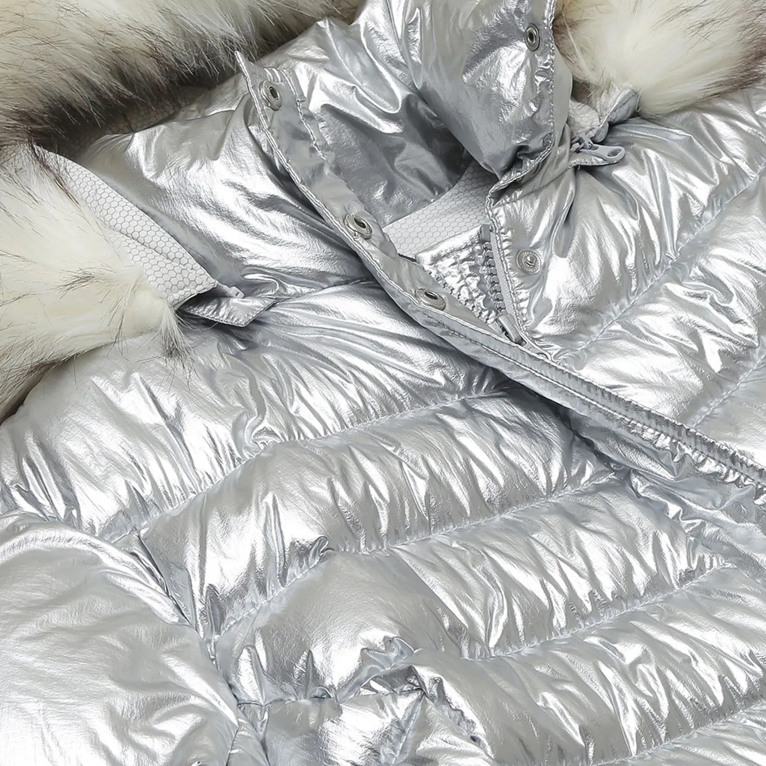 Silver foil coated puffer down jacket with detachable fur hood for women - Thumbnail 4