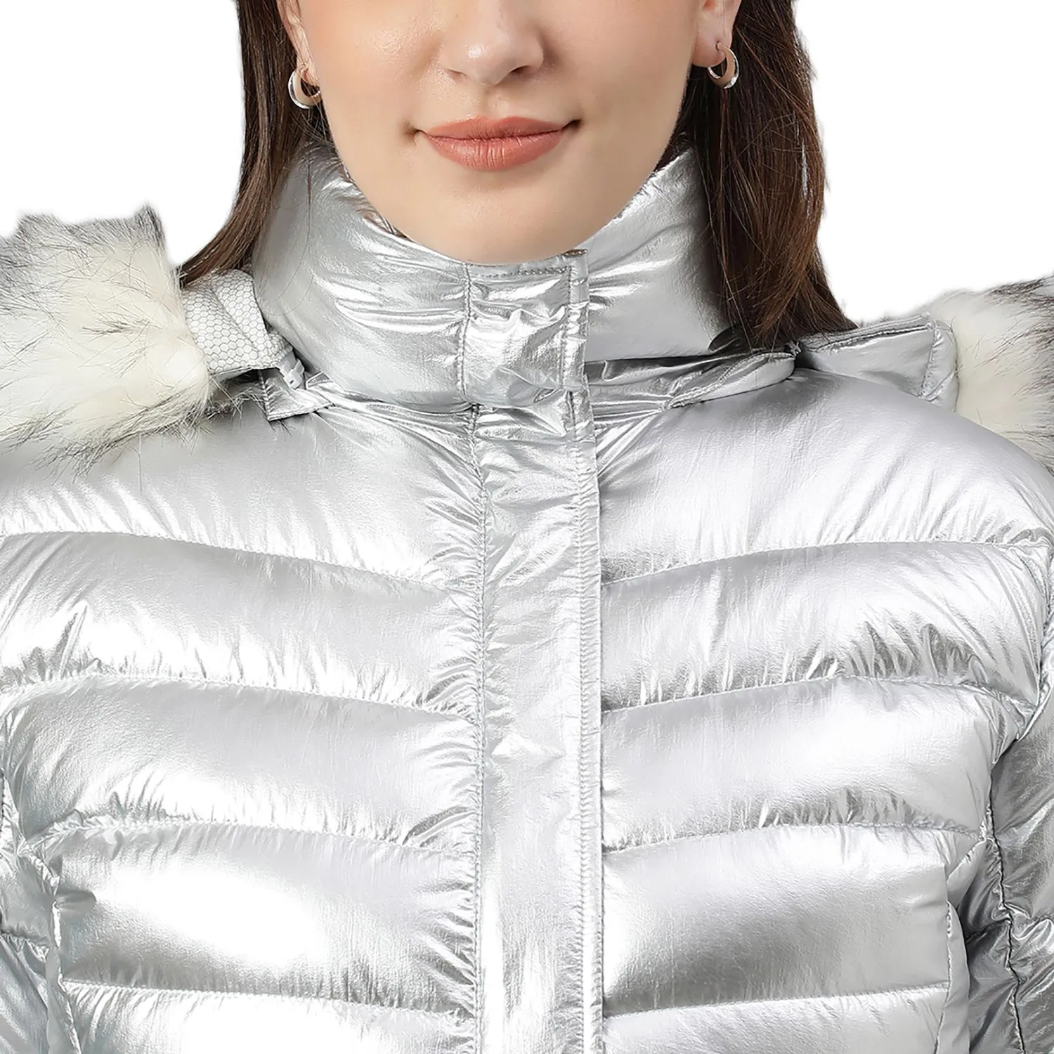 Silver foil coated puffer down jacket with detachable fur hood for women - Thumbnail 6
