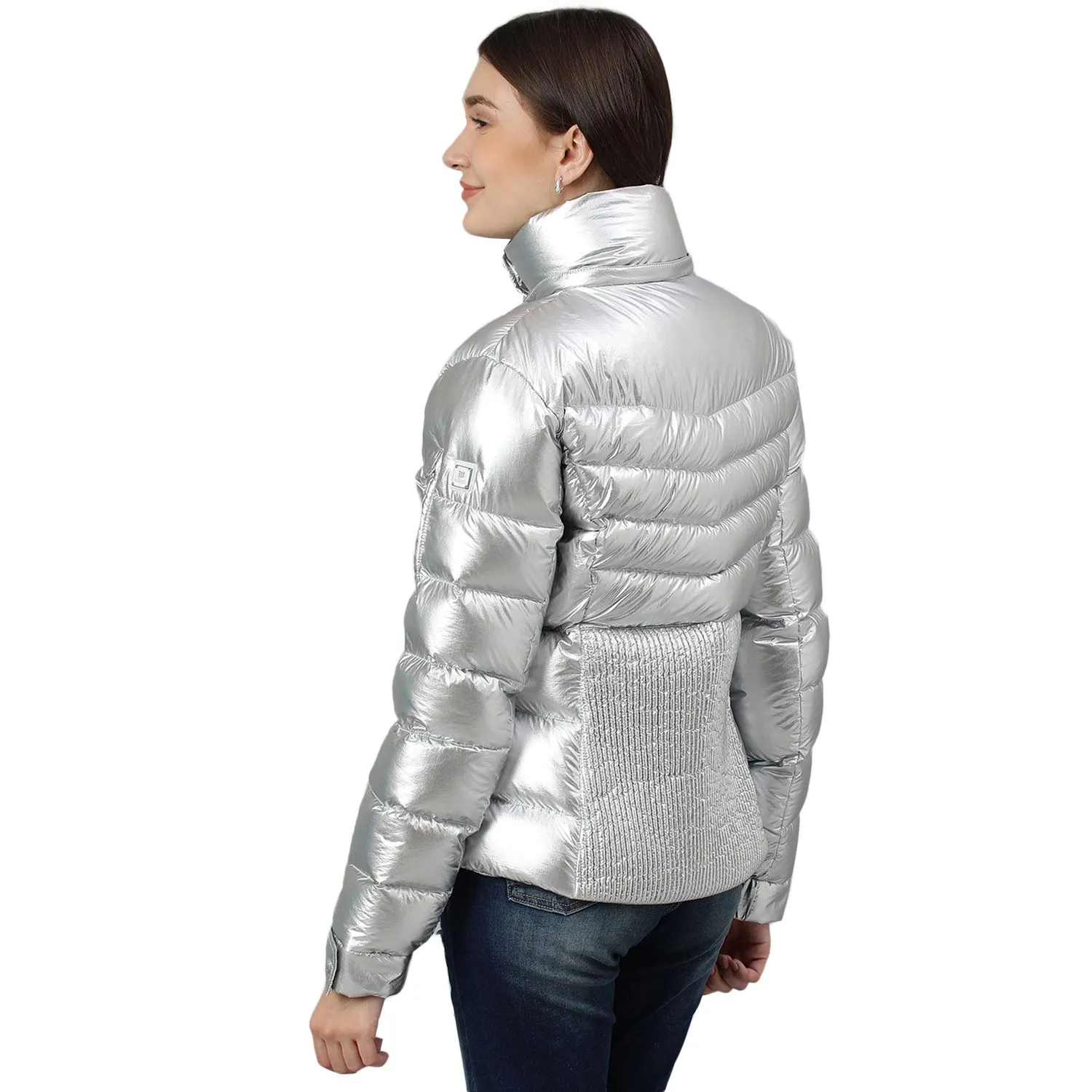 Silver foil coated puffer down jacket with detachable fur hood for women - Thumbnail 7