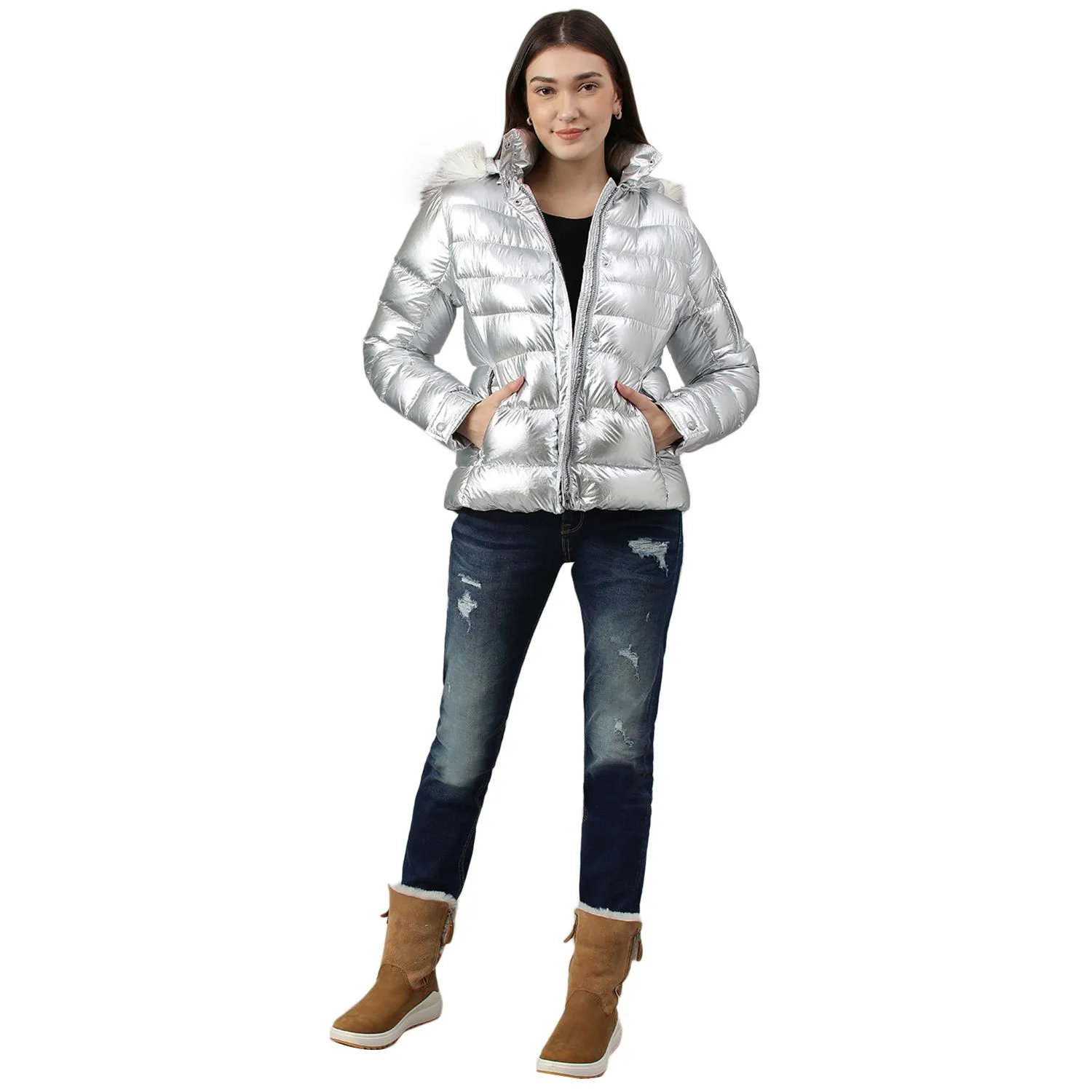 Silver foil coated puffer down jacket with detachable fur hood for women - Thumbnail 8